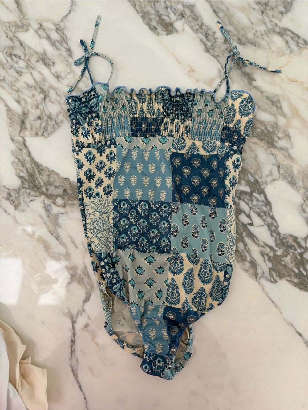 MC2 Saint Barth Blue and Cream Patchwork Smocked One-Piece Swim